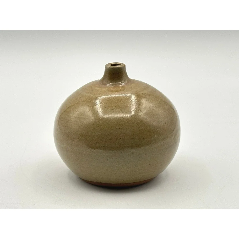 Vintage Studio Pottery Bud Vase Signed Tan Ceramic Floral Round Small 3.5in